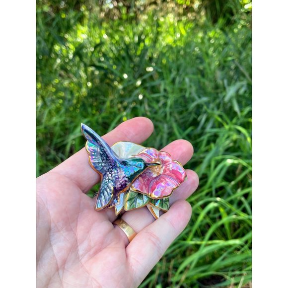 Vintage 1980s Ceramic Artist Made Humming BIrd Flower Brooch - Picture 6 of 10